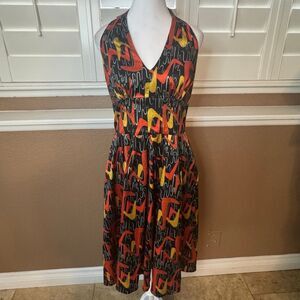 Vintage Bettie Page XL Halter Swing Dress Black Orange Boomerang Print Retro Mod